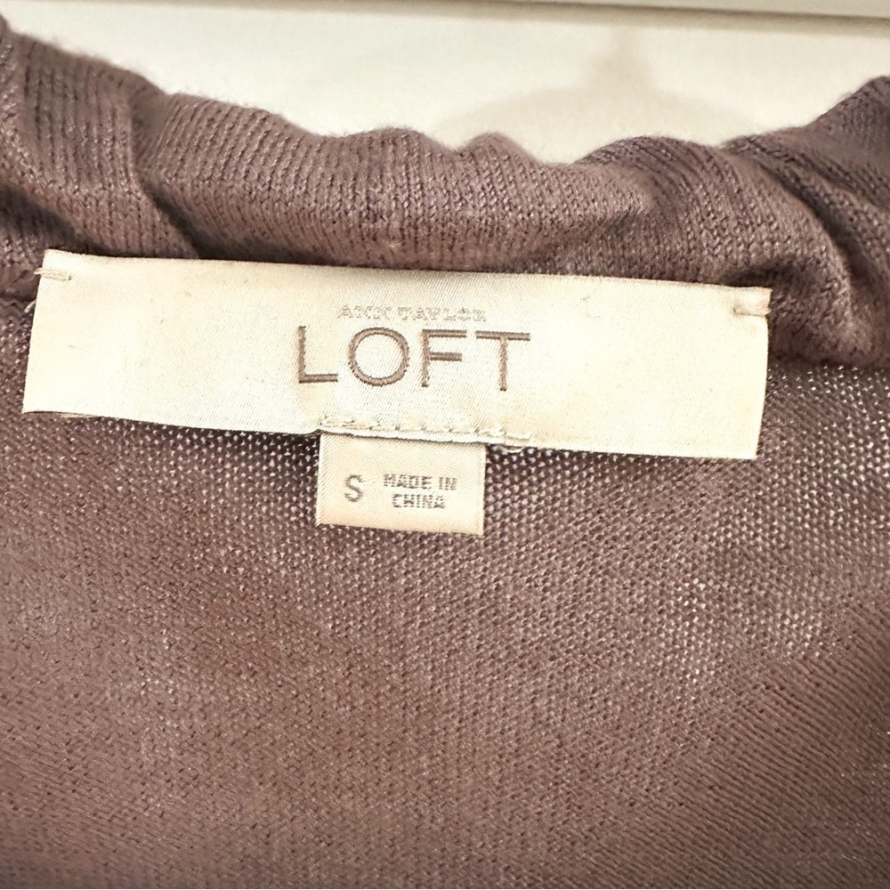 Loft Short Sleeve Ribbon Tie Gathered Neckline Cardigan Sweater Dark Taupe Gray - Picture 4 of 5